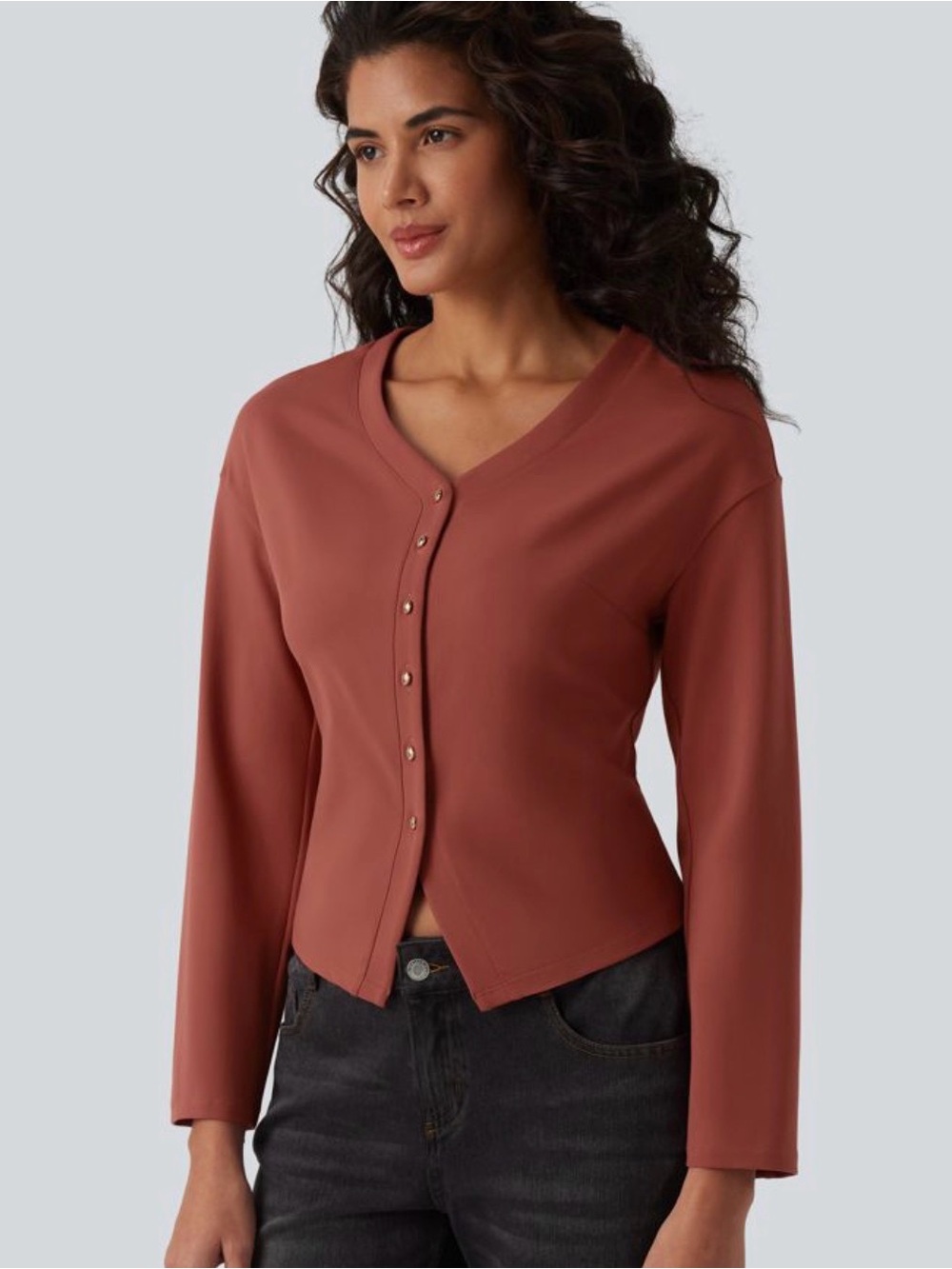 HALARA Rust Button-Front Long Sleeve V-Neck Top